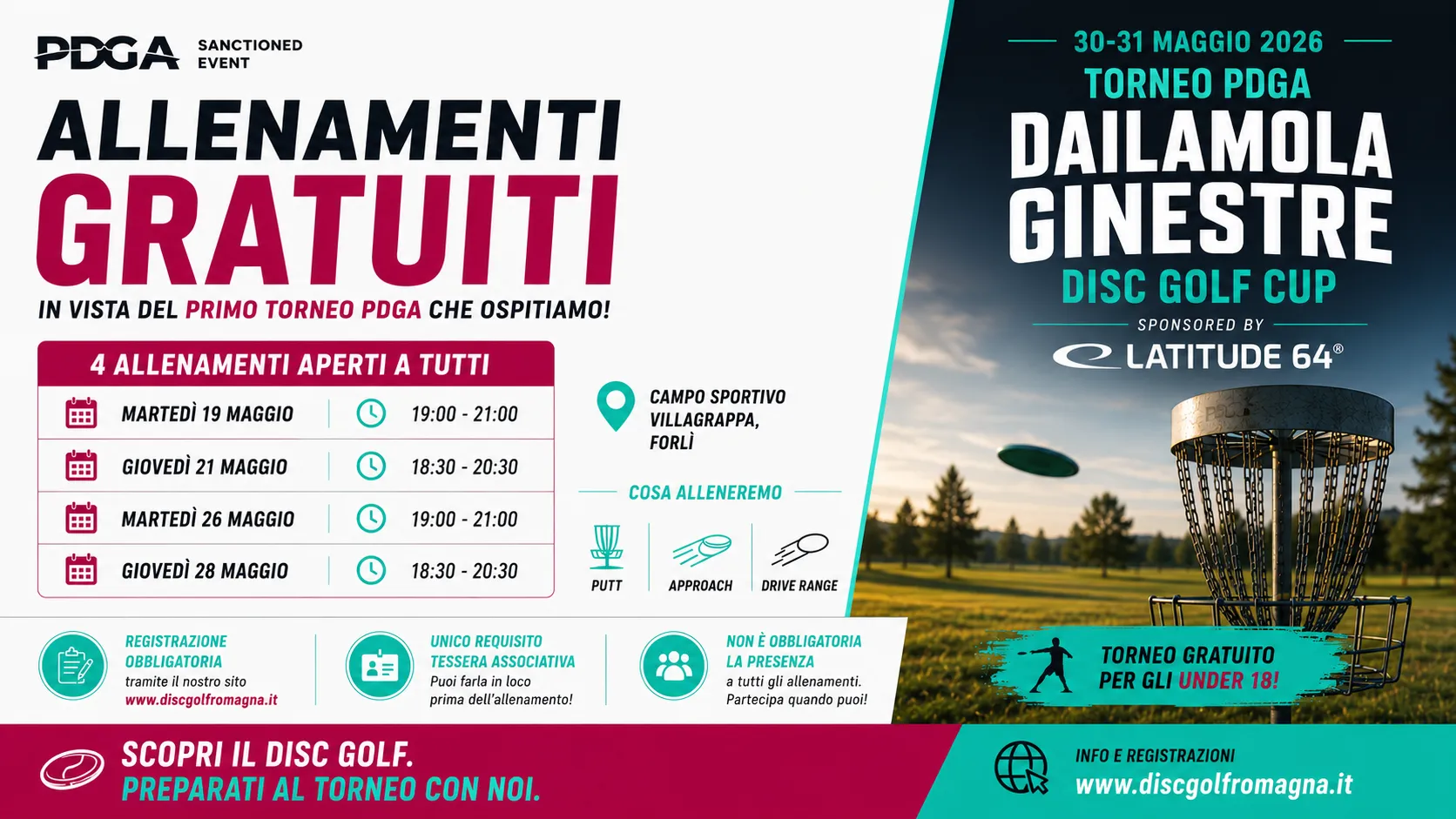locandina allenamenti gratuiti disc golf romagna