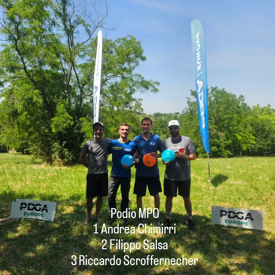 Podio MPO Dailamola Disc Golf Cup 2026: Andrea Chimirri, Filippo Salsa, Riccardo Scroffernecher